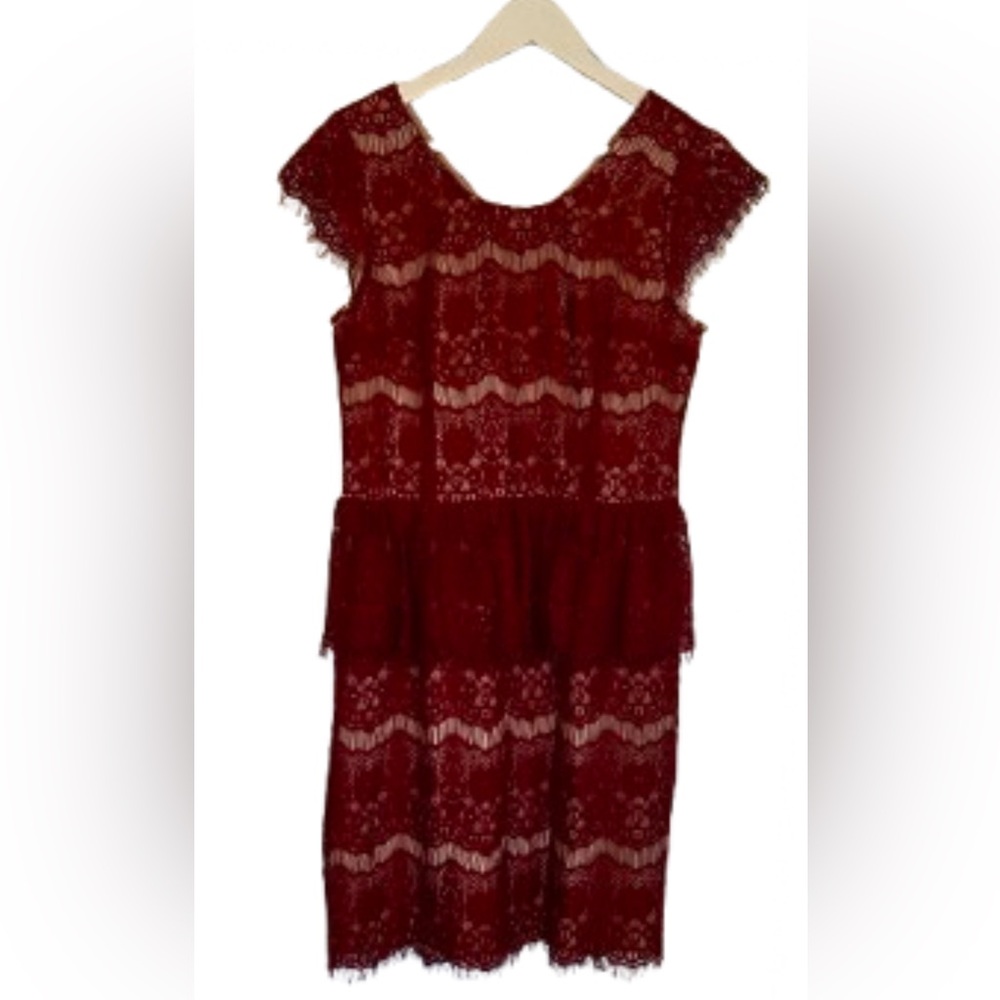 Maeve Anthropologie Burgundy Lace Peplum Cocktail Dress Size‎ M Romantic Evening - Picture 2 of 7